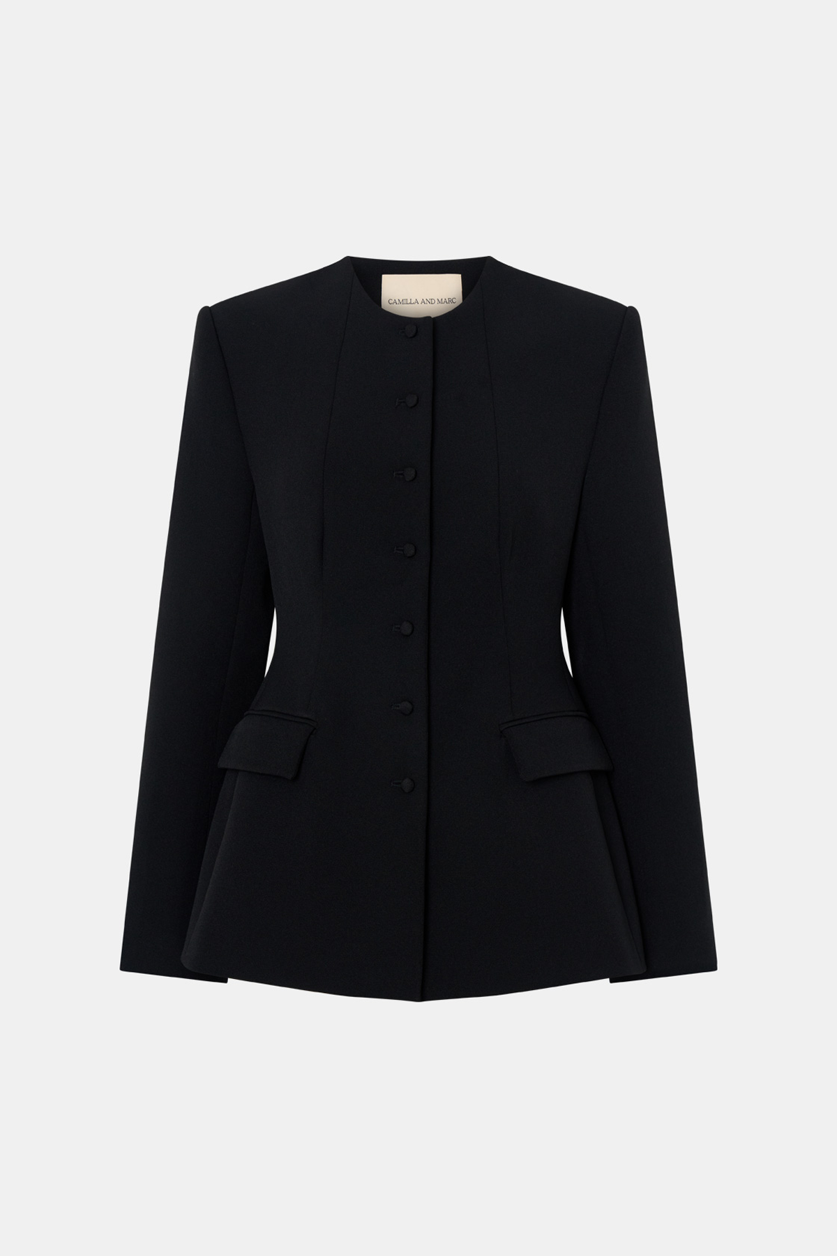 Ghost view CAMILLA AND MARC Namira Blazer in black with round‑neck tailored design.