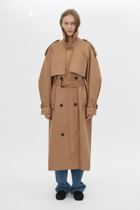 Front Styled View CAMILLA AND MARC Nelle trench coat in toffee twill fabrication with an oversized fit.