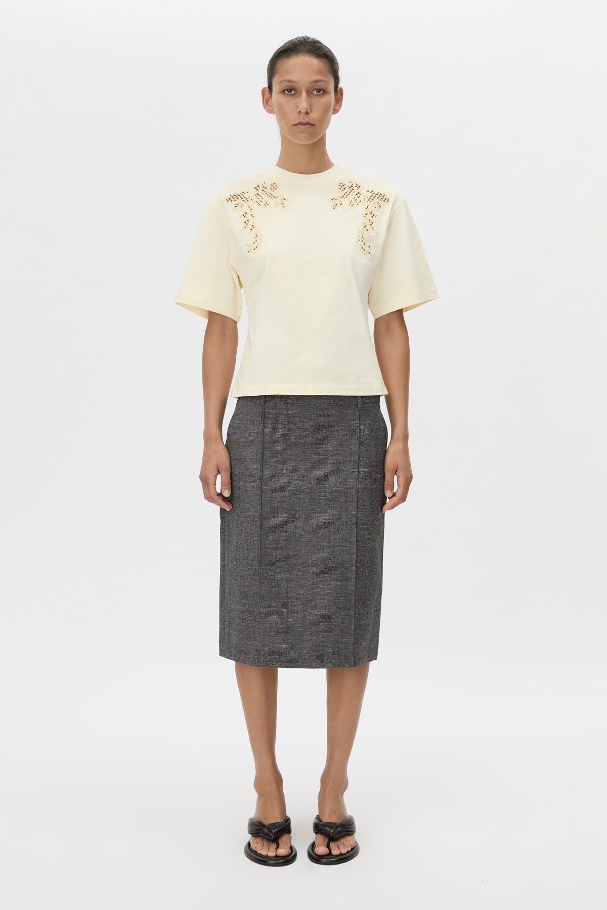 Front view CAMILLA AND MARC Niami Crochet Tee in cream with crochet detailing at the shoulder.