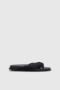 Front view CAMILLA AND MARC Nina Slide Sandal in Black with padded satin straps.