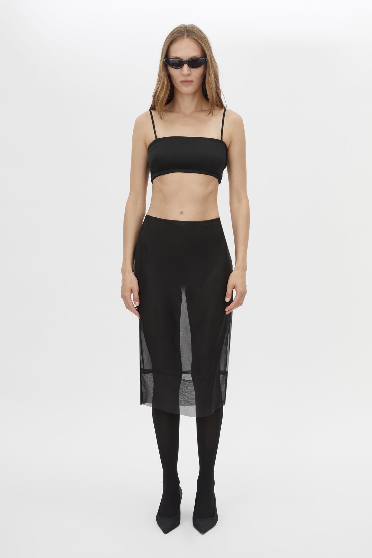 Front styled view CAMILLA AND MARC Noe Bandeau Top in Black with a sheer silk‑blend finish.