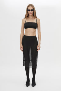 Front styled view CAMILLA AND MARC Noe Bandeau Top in Black with a sheer silk‑blend finish.