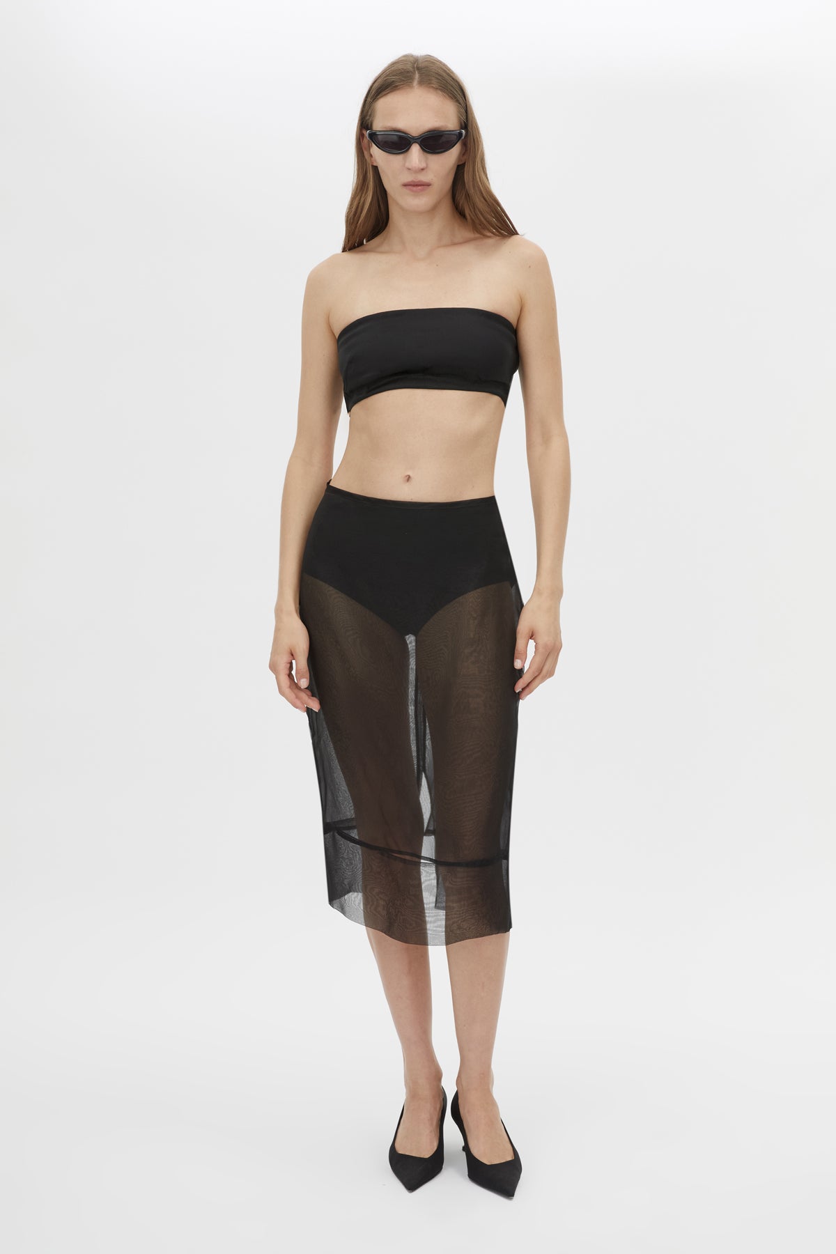 Front view CAMILLA AND MARC Noe Bandeau Top in Black with a sheer silk‑blend finish.