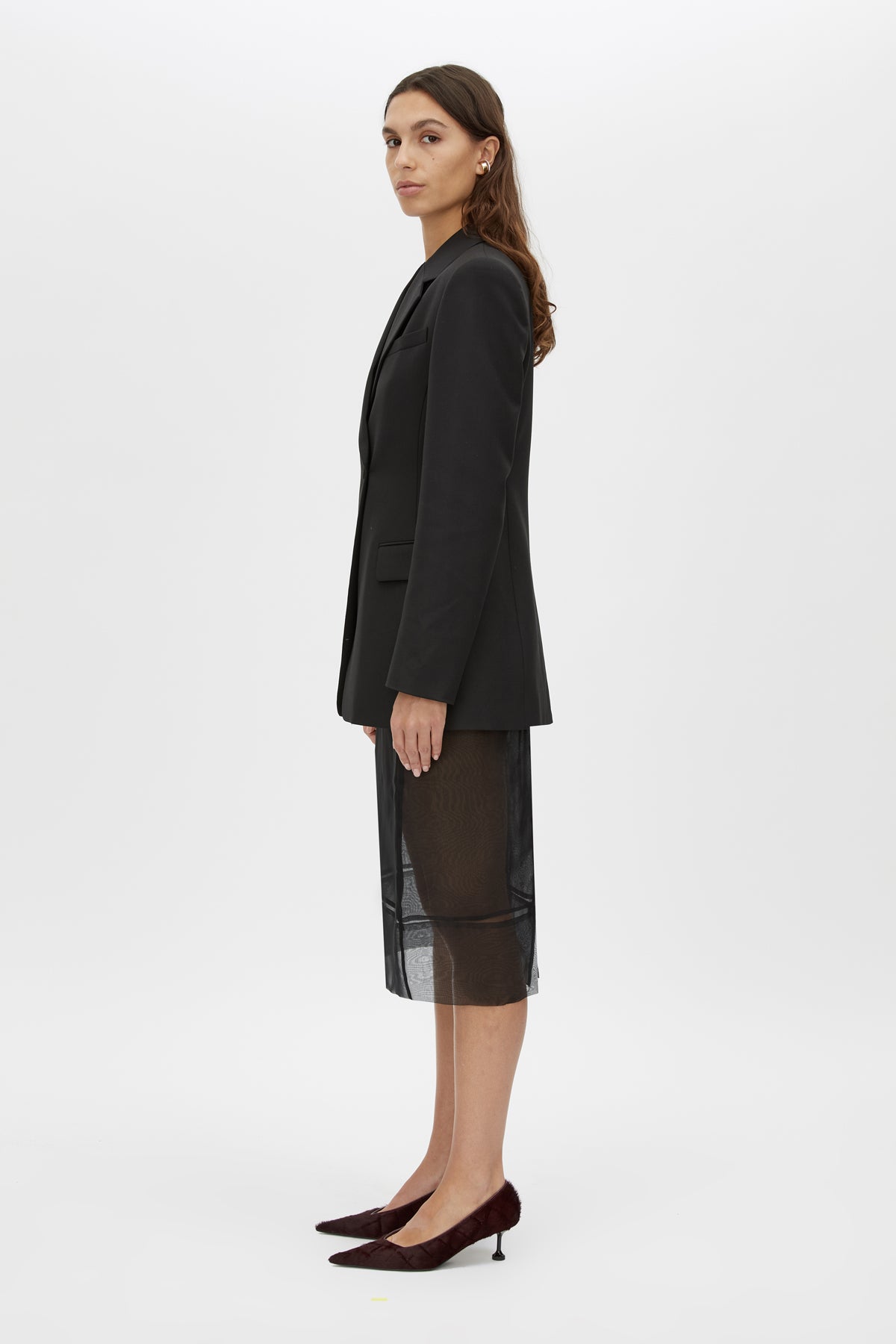 Side view CAMILLA AND MARC Floret Blazer in Black featuring a tailored, single‑breasted silhouette.