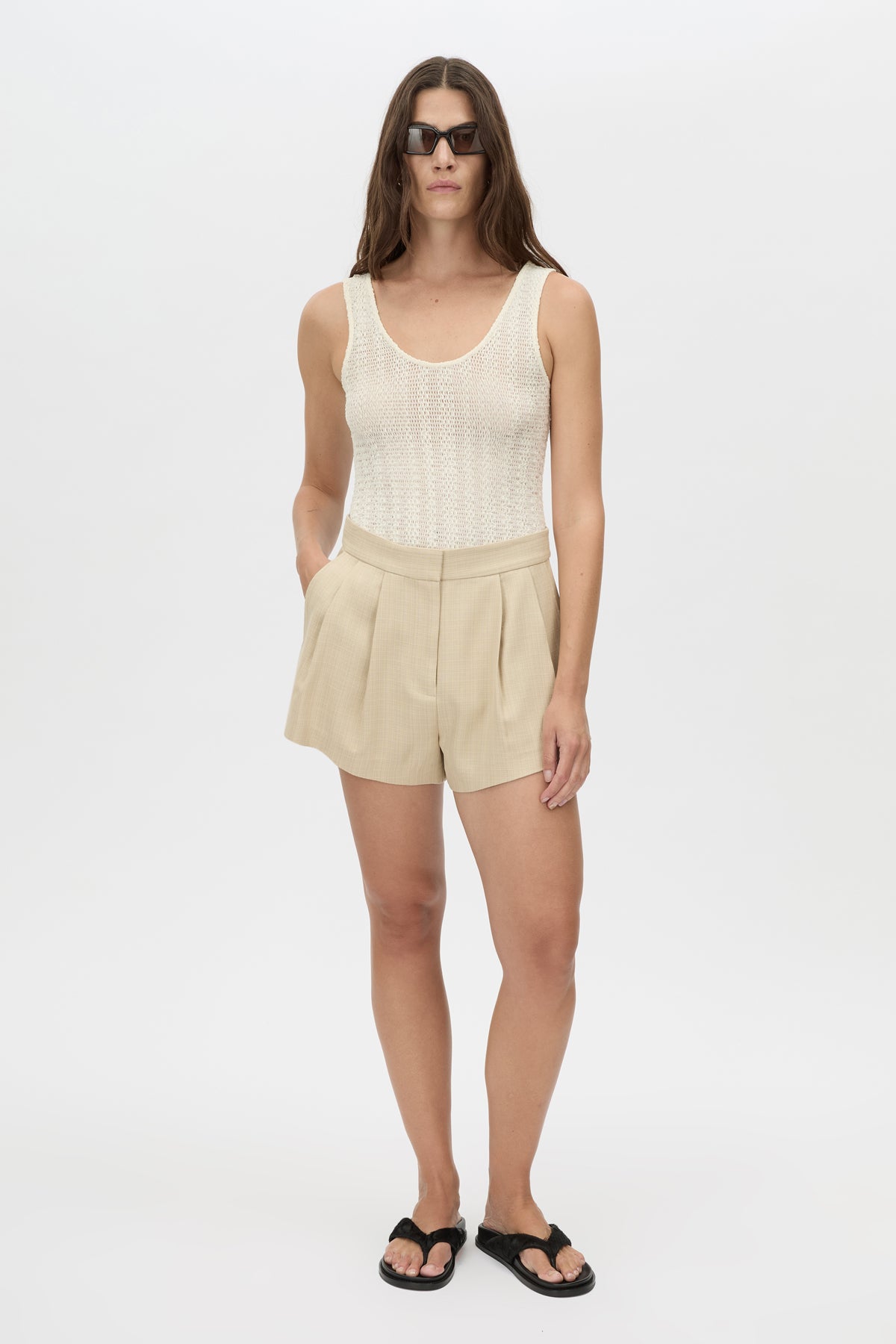 Noguchi Short - CAMILLA AND MARC Noguchi yellow mid-rise soft suiting short with slanted side pockets, side splits a