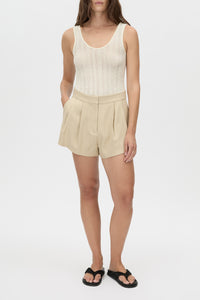 Noguchi Short - CAMILLA AND MARC Noguchi yellow mid-rise soft suiting short with slanted side pockets, side splits a