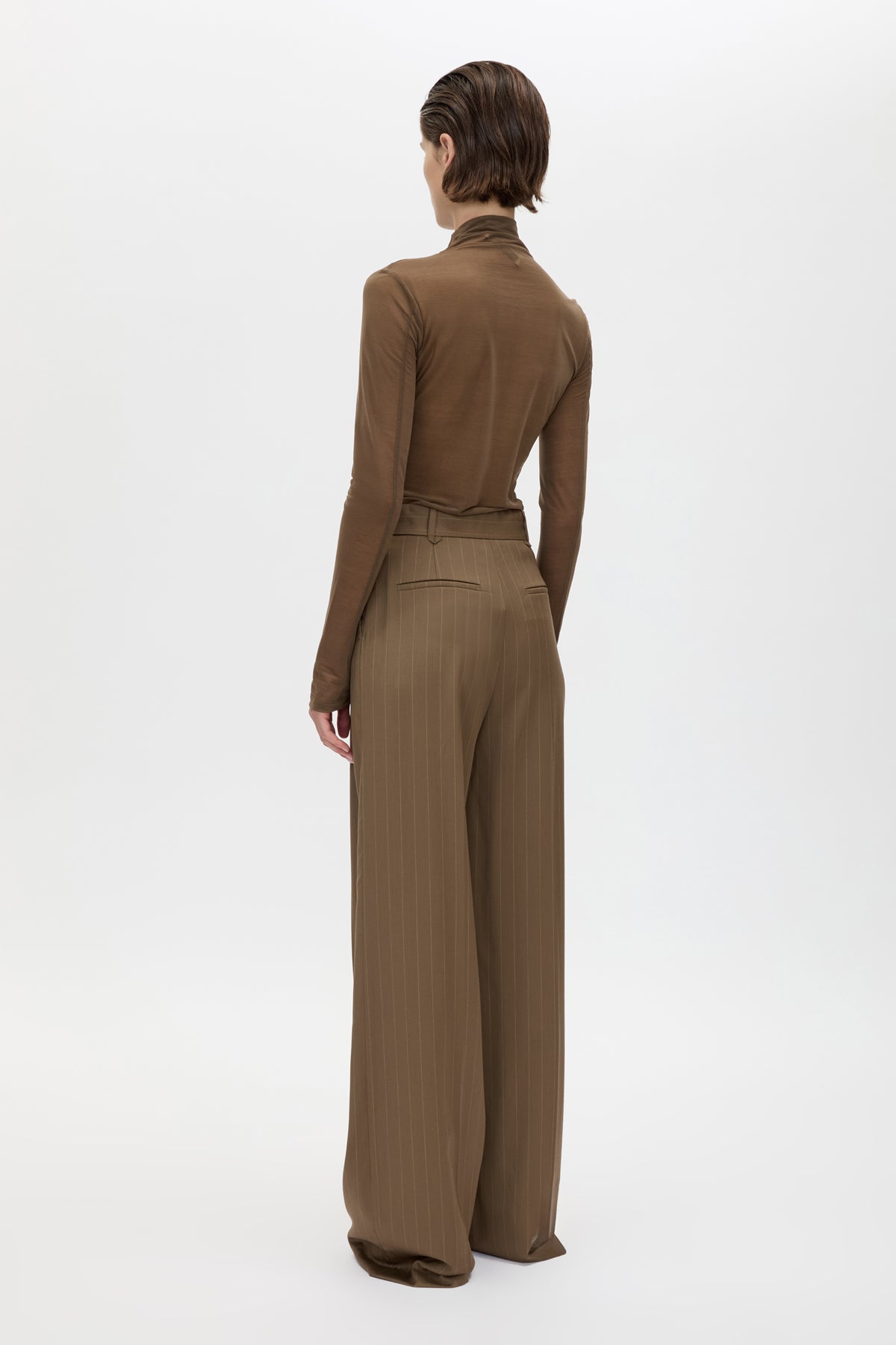 Back view CAMILLA AND MARC Novel Long Sleeve Stocking Top in Khaki with ruched bust detail.
