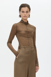 Cropped view CAMILLA AND MARC Novel Long Sleeve Stocking Top in Khaki with ruched bust detail.
