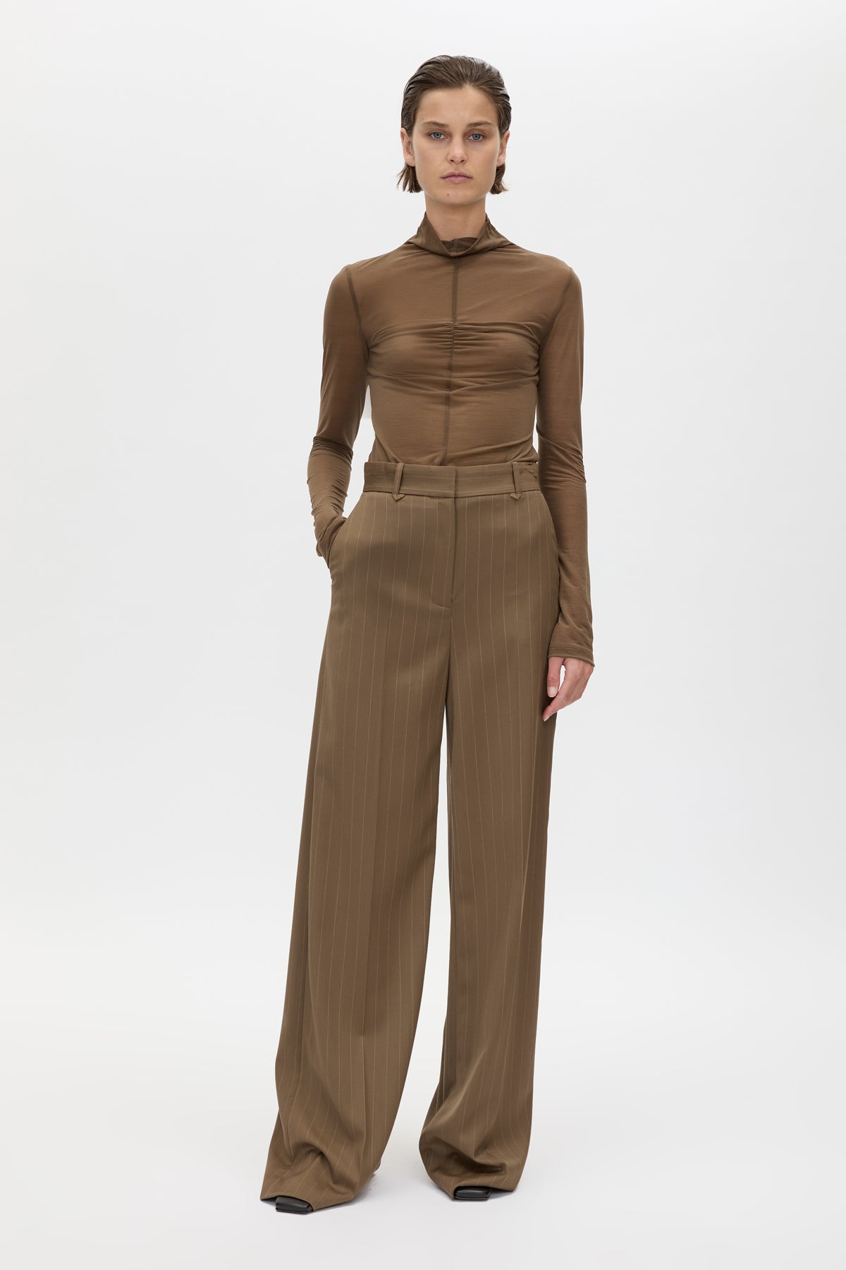 Front view CAMILLA AND MARC Novel Long Sleeve Stocking Top in Khaki with ruched bust detail.