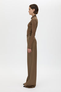 Side view CAMILLA AND MARC Novel Long Sleeve Stocking Top in Khaki with ruched bust detail.
