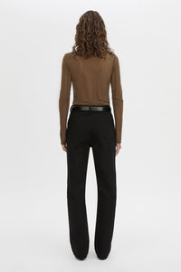 Back view CAMILLA AND MARC Novel Long Sleeve Stocking Top in khaki green with ruched bust detail.
