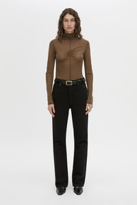 Front view CAMILLA AND MARC Novel Long Sleeve Stocking Top in khaki green with ruched bust detail.