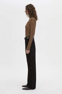 Side view CAMILLA AND MARC Novel Long Sleeve Stocking Top in khaki green with ruched bust detail.