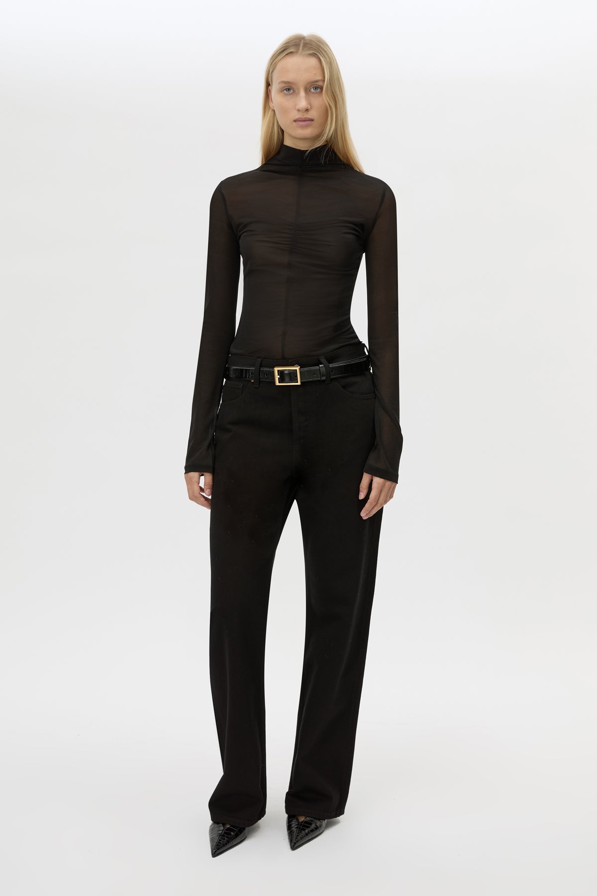 Front view CAMILLA AND MARC Novel Long Sleeve Stocking Top in Black with ruched bust detail.