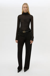 Front view CAMILLA AND MARC Novel Long Sleeve Stocking Top in Black with ruched bust detail.