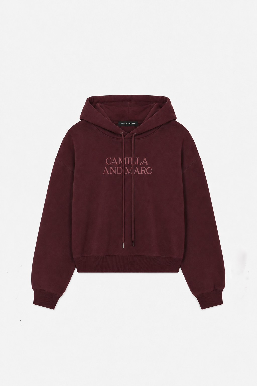 Ghost view CAMILLA AND MARC long sleeve Odile Graphic Hoodie in dark red with tonal graphic artwork.