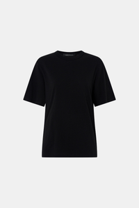 Ghost view CAMILLA AND MARC relaxed Olympia Print Tee in black with white plastisol artwork at centre back.
