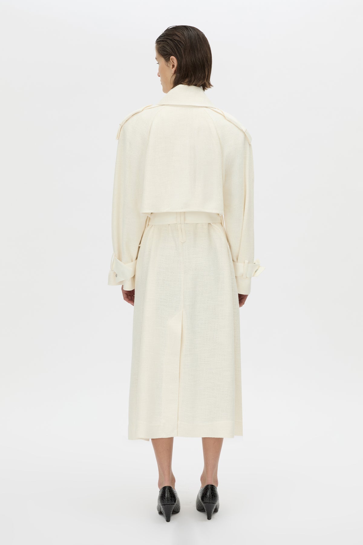 Back view CAMILLA AND MARC Ontario Trench Coat in cream with contrast knot epaulette detailing.