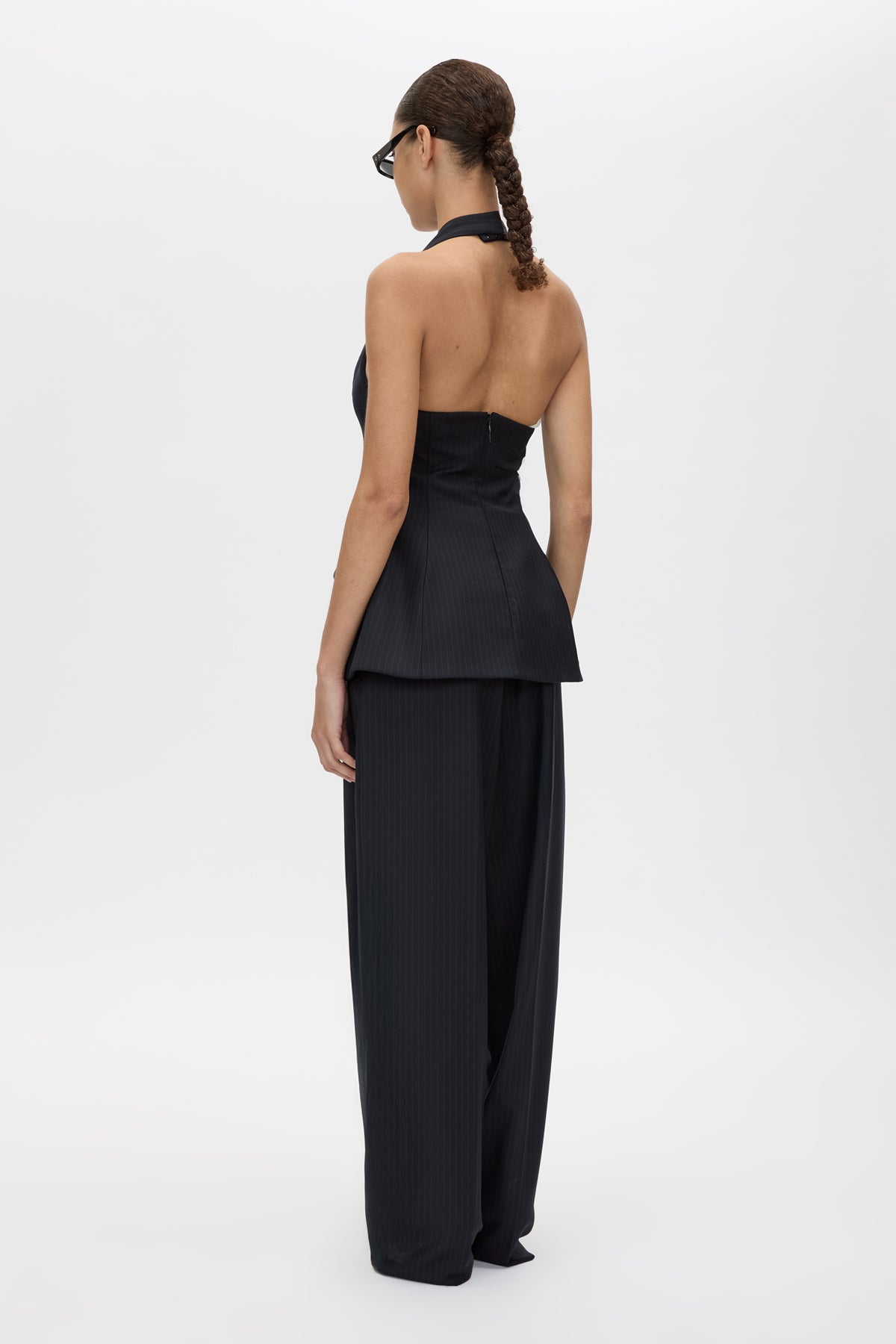Back view CAMILLA AND MARC Orban Wide Leg Pant in Navy Pinstripe with tailored wide leg.