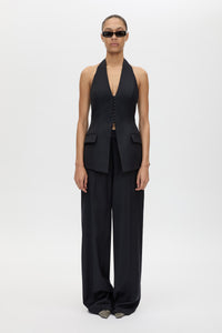 Front styled view CAMILLA AND MARC Orban Wide Leg Pant in Navy Pinstripe with tailored wide legs.