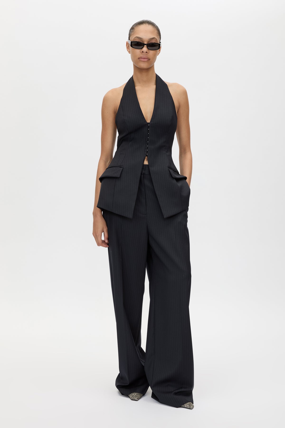 Front view CAMILLA AND MARC Orban Wide Leg Pant in Navy Pinstripe with tailored wide legs.