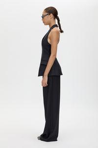 Side view CAMILLA AND MARC Orban Wide Leg Pant in Navy Pinstripe with tailored wide leg.