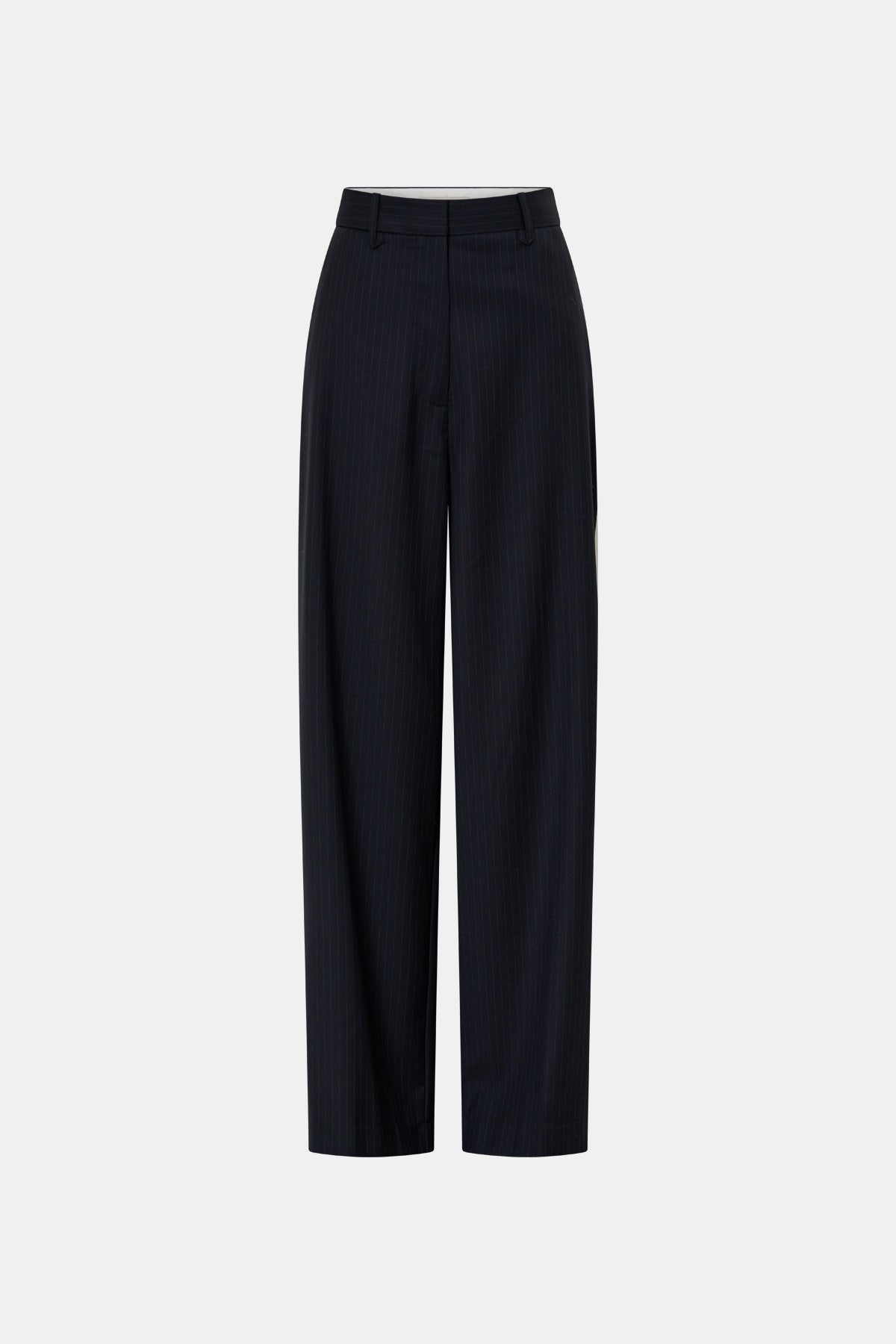 Ghost front CAMILLA AND MARC Orban Wide Leg Pant in Navy Pinstripe with tailored wide leg.