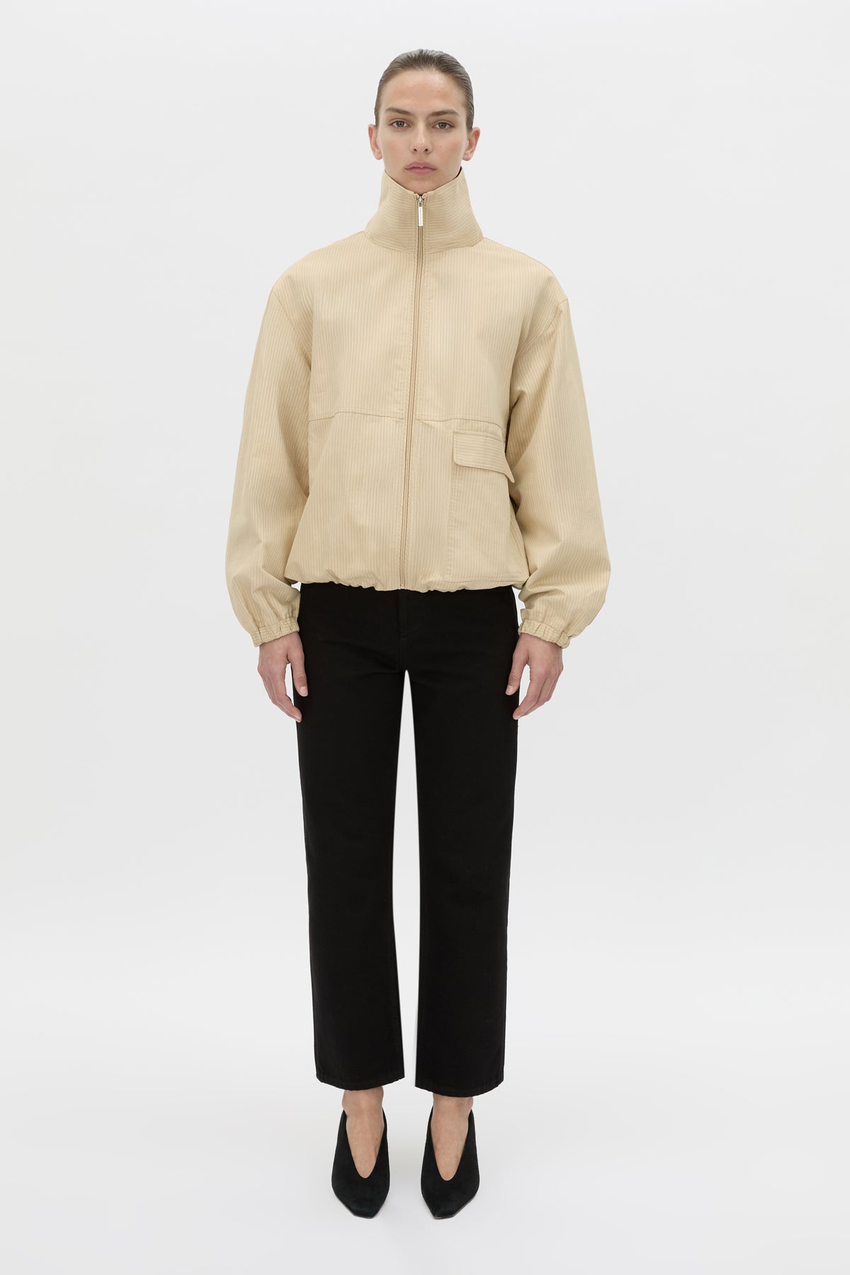 Front view CAMILLA AND MARC Oren Funnel Neck Jacket in ochre stripe with CAMILLA AND MARC monogram embroidery.