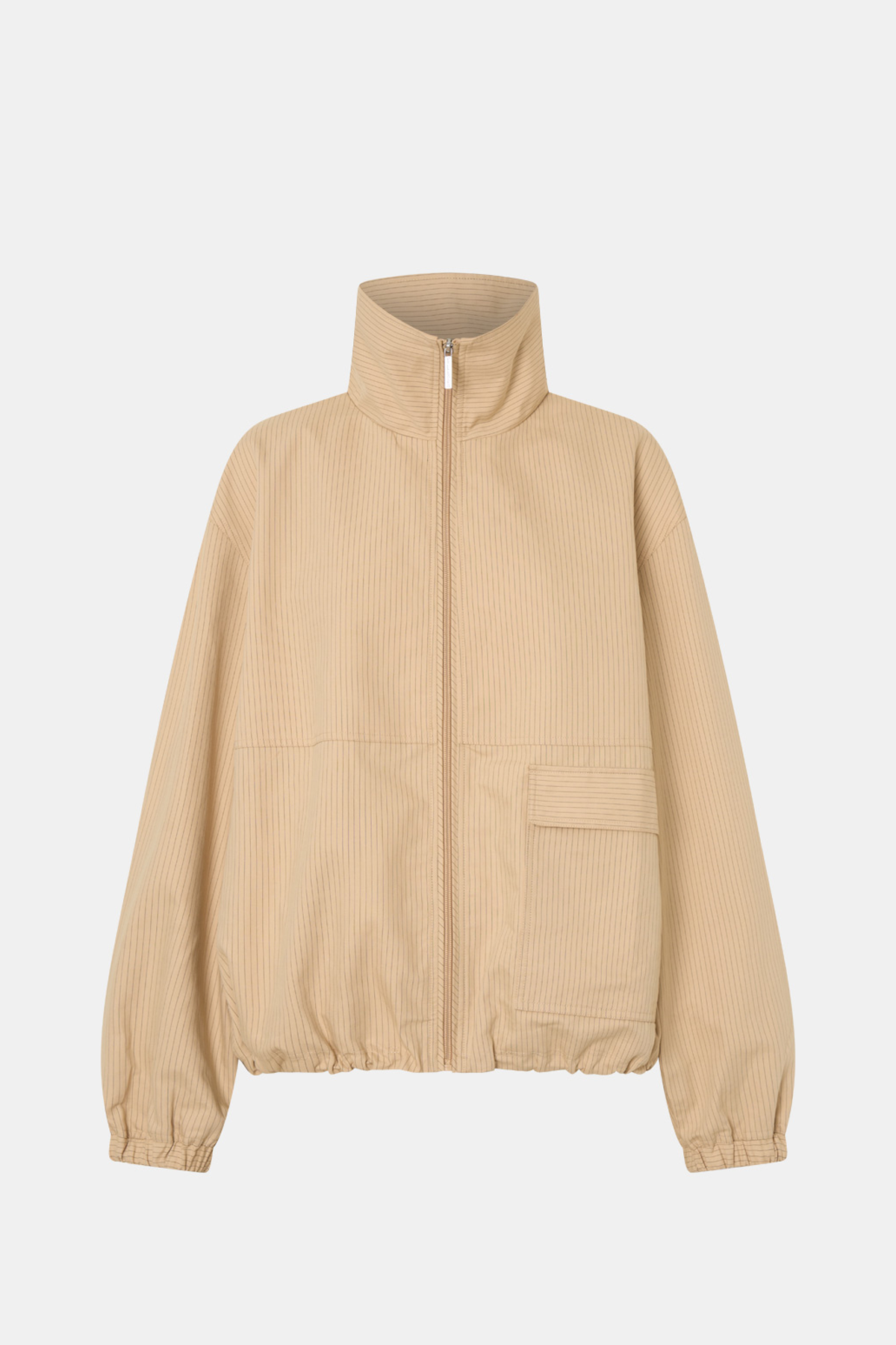 Ghost view CAMILLA AND MARC Oren Funnel Neck Jacket in ochre stripe with CAMILLA AND MARC monogram embroidery.