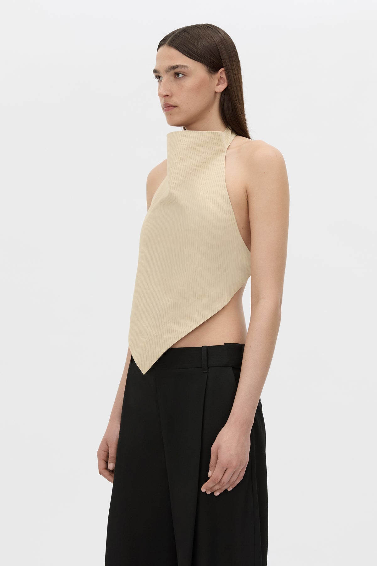 Cropped view CAMILLA AND MARC Oren Stripe Crop Top with a handkerchief high-neckline.