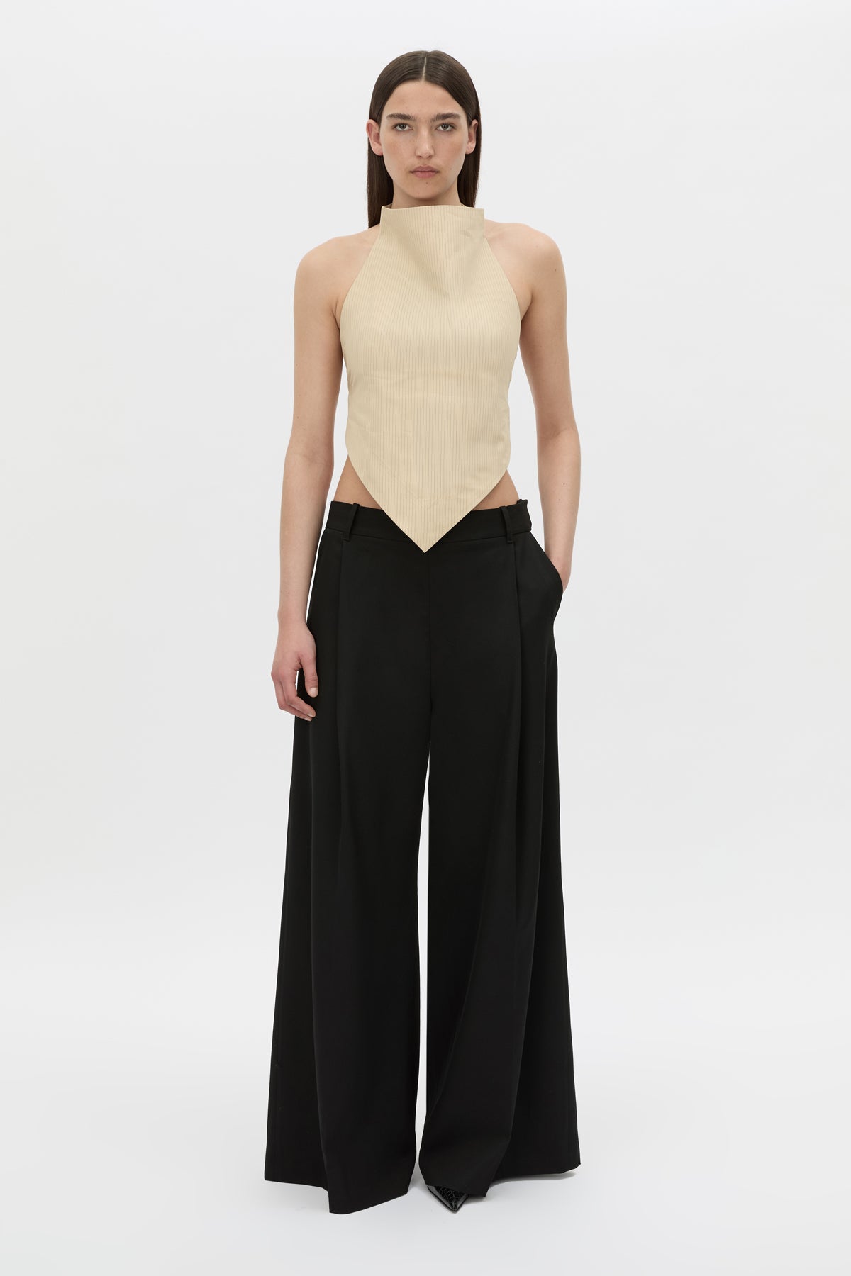 Front-styled view CAMILLA AND MARC Oren Stripe Crop Top with a handkerchief high-neckline.