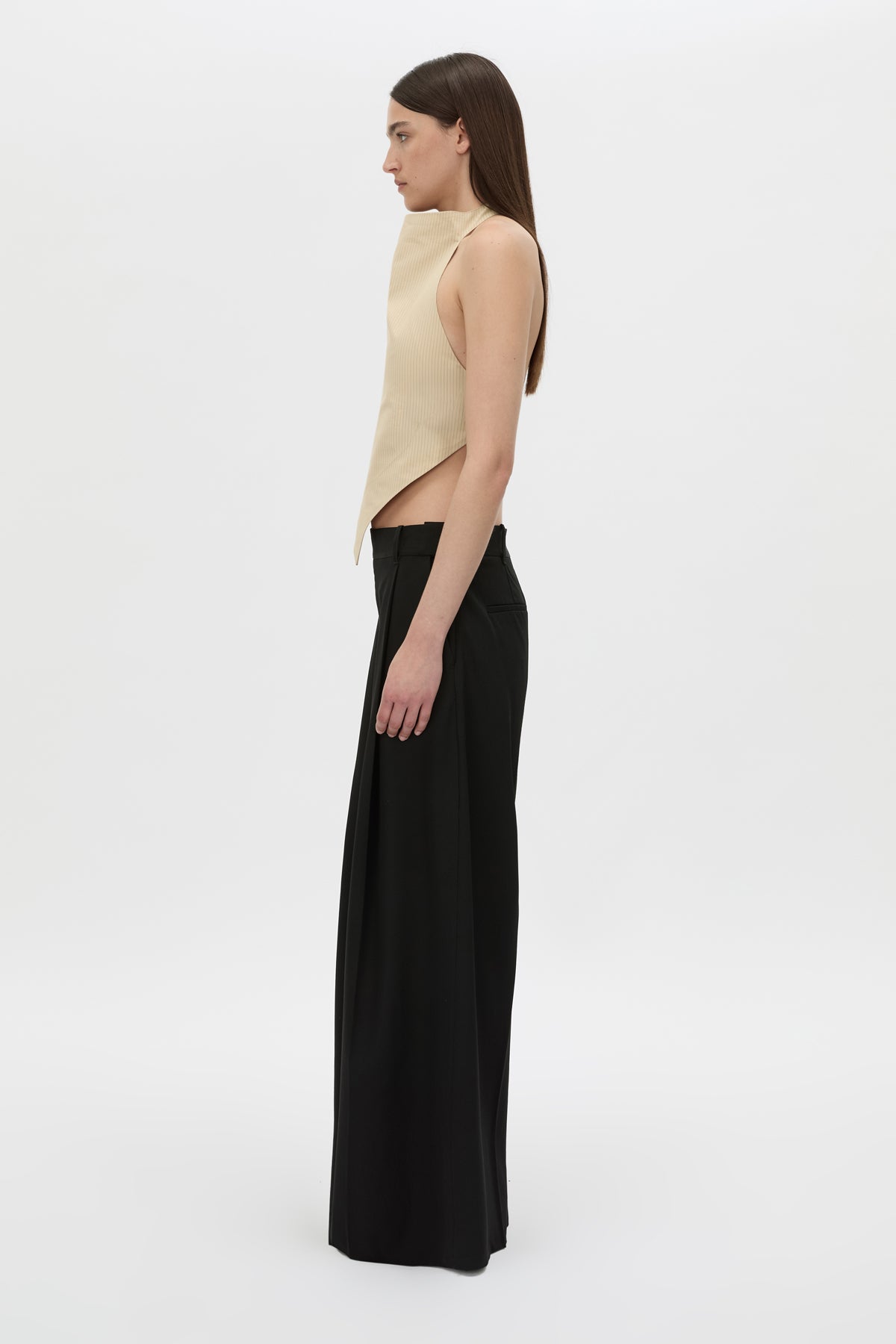 Side view CAMILLA AND MARC Oren Stripe Crop Top with a handkerchief high-neckline.