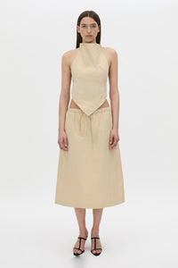 Styled view CAMILLA AND MARC Oren Stripe Crop Top with a handkerchief high-neckline.