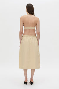 Back view CAMILLA AND MARC Oren Stripe Midi Skirt in ochre stripe with an adjustable mid‑rise waistline.