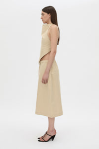 Side view CAMILLA AND MARC Oren Stripe Midi Skirt in ochre stripe with an adjustable mid‑rise waistline.