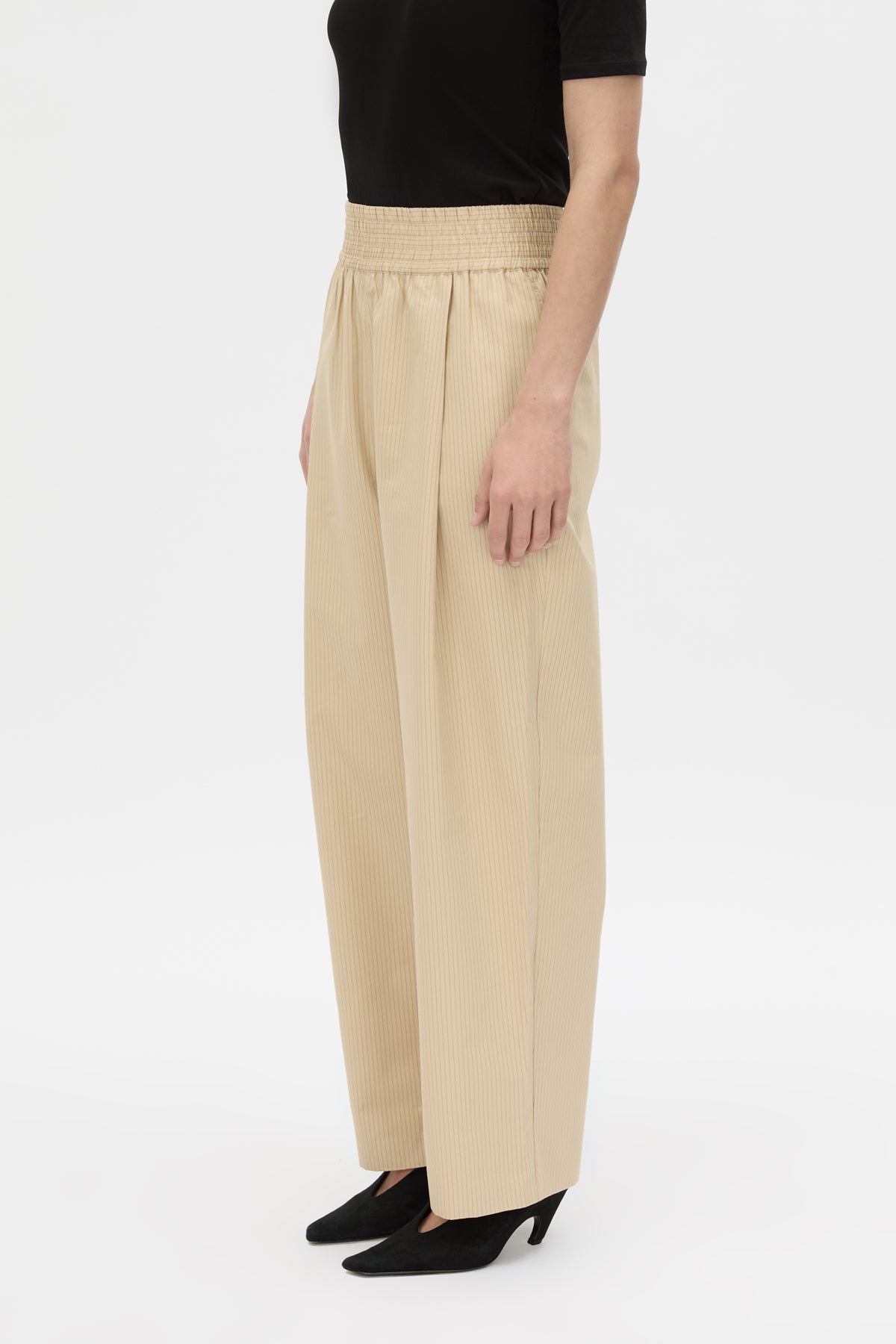Cropped view CAMILLA AND MARC Oren Stripe Wide Leg Pant in ochre stripe with an elasticated gathered waistband.
