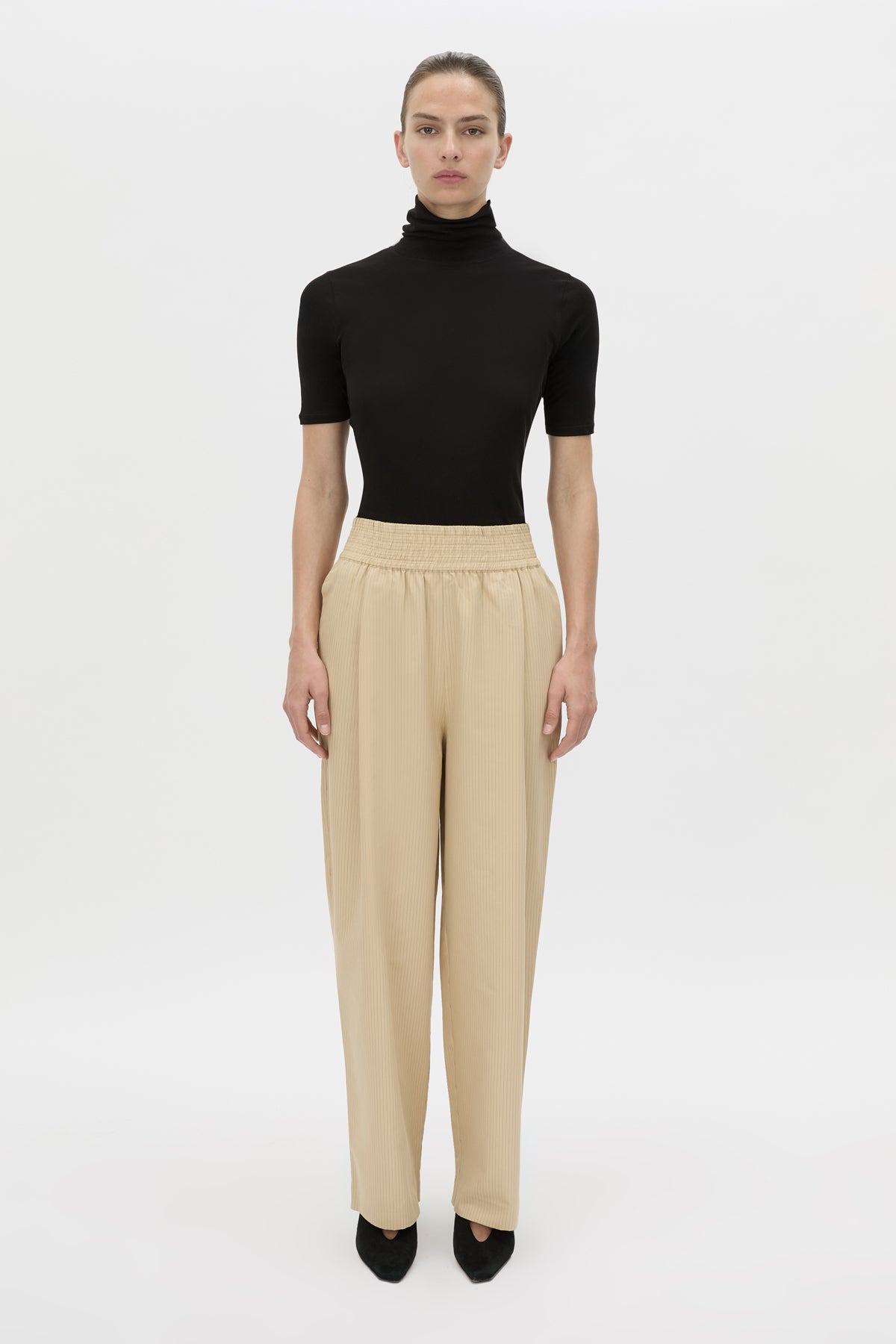 Front-styled view CAMILLA AND MARC Oren Stripe Wide Leg Pant in ochre stripe with an elasticated gathered waistband.