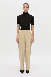 Front-styled view CAMILLA AND MARC Oren Stripe Wide Leg Pant in ochre stripe with an elasticated gathered waistband.