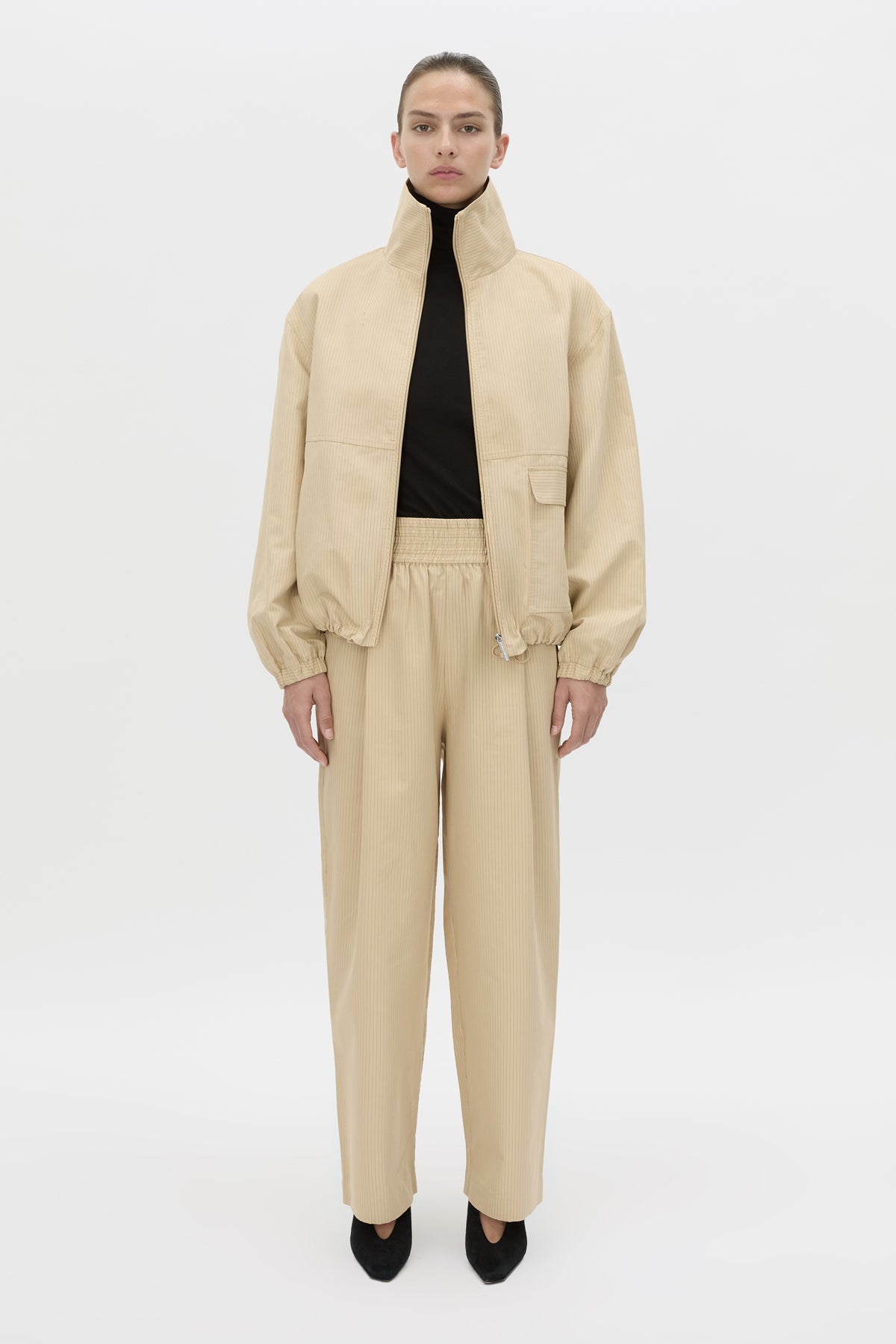 Styled view CAMILLA AND MARC Oren Stripe Wide Leg Pant in ochre stripe with an elasticated gathered waistband.
