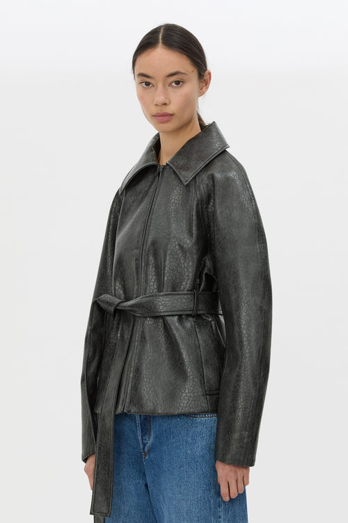 Cropped view CAMILLA AND MARC Oreno Croc Belted Jacket in Charcoal Grey with zipper closure and waistbelt.