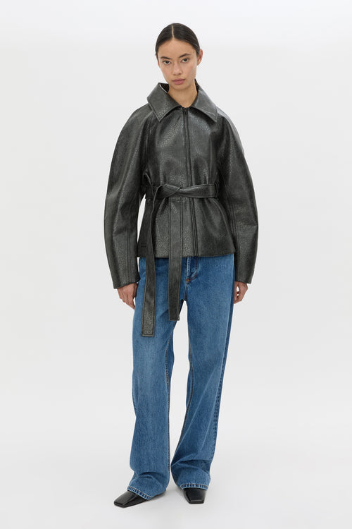 Front view CAMILLA AND MARC Oreno Croc Belted Jacket in Charcoal Grey with zipper closure and waistbelt.