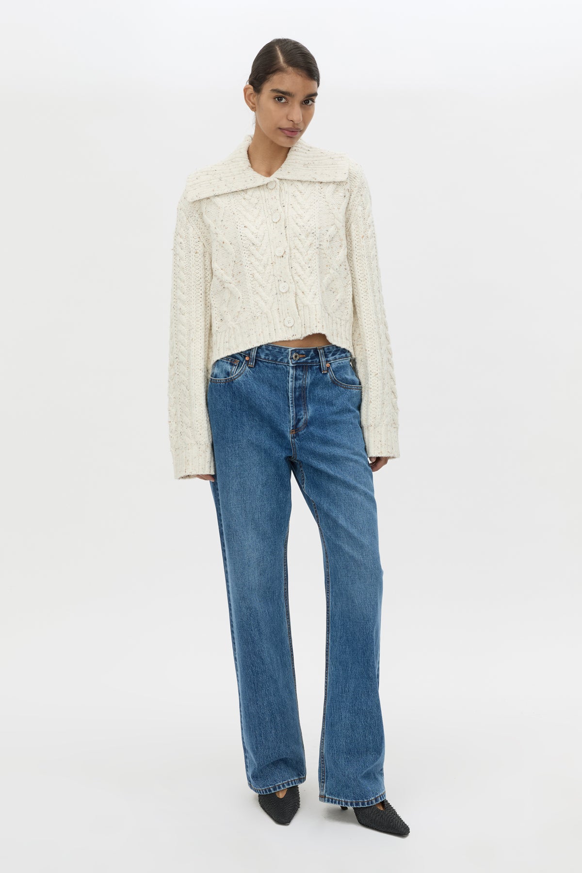 Front view CAMILLA AND MARC Oria Knit Cardigan in Marble cable‑knit with relaxed silhouette.