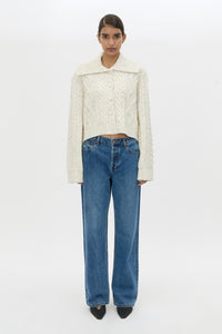 Front styled view CAMILLA AND MARC Oria Knit Cardigan in Marble cable‑knit with relaxed silhouette.