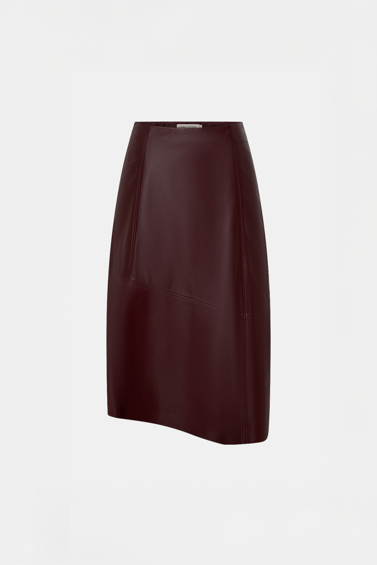 Ghost view CAMILLA AND MARC Orrin Midi Leather Skirt in burgundy with raw asymmetric hemline.