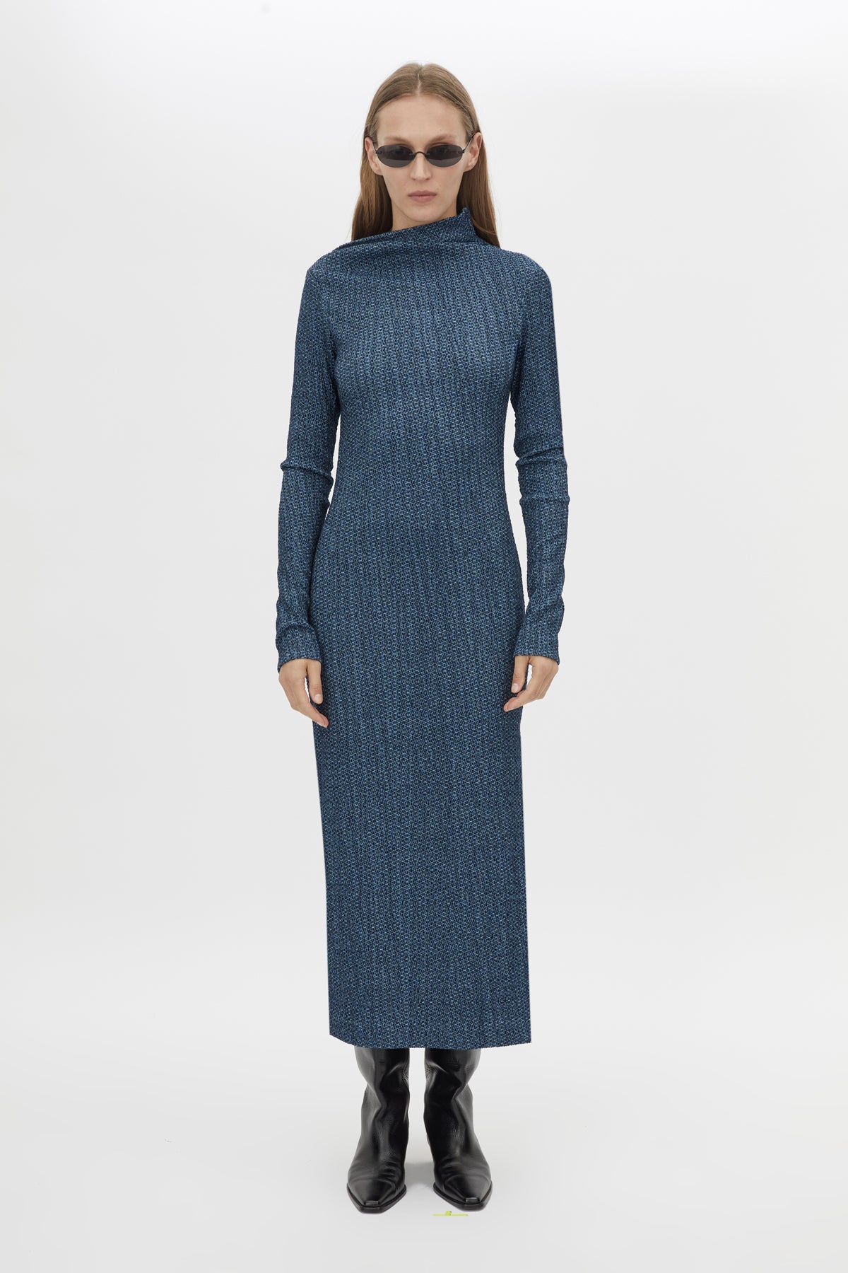 Front styled view CAMILLA AND MARC Orsa Midi Dress in Navy with a textured jersey finish.