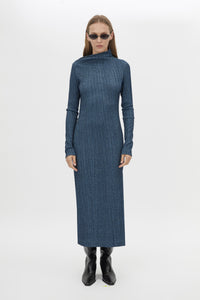 Front styled view CAMILLA AND MARC Orsa Midi Dress in Navy with a textured jersey finish.