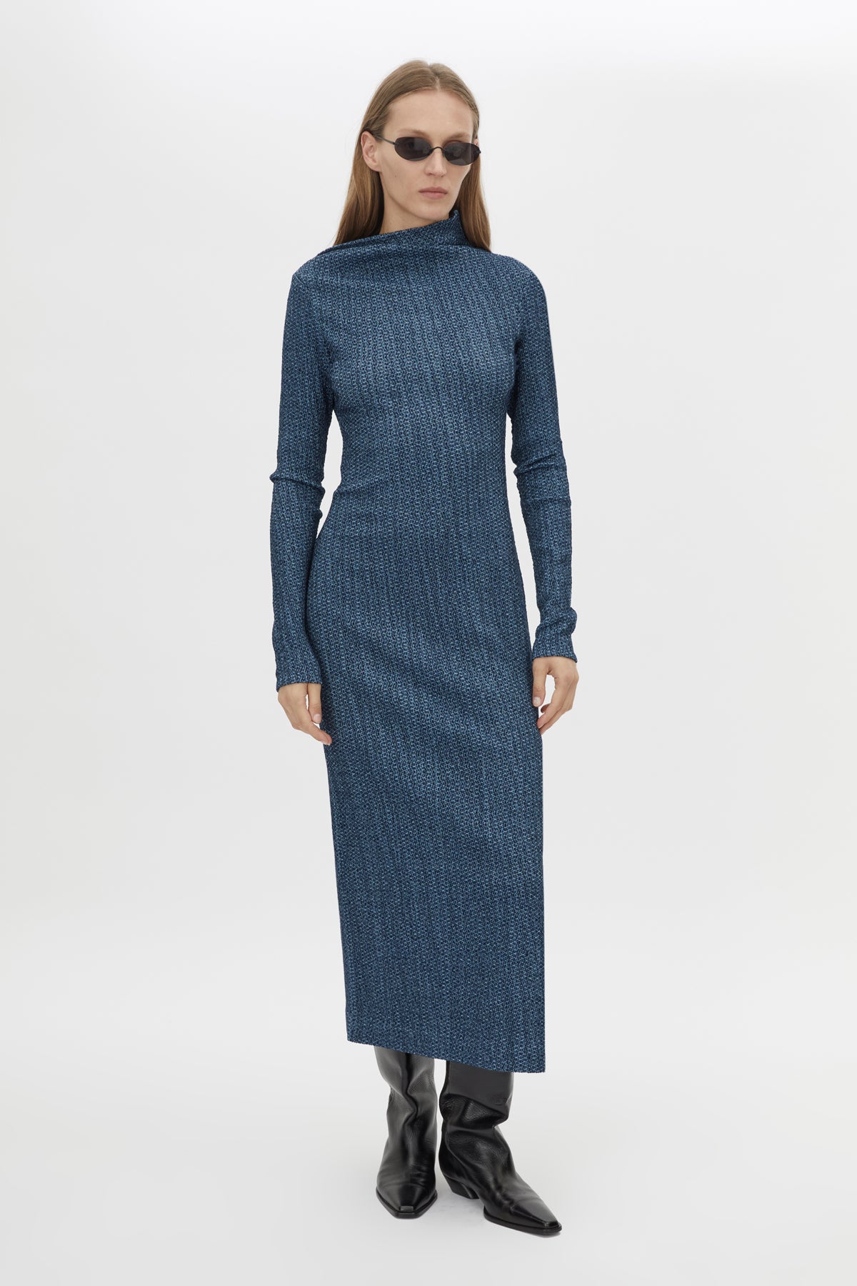 Front view CAMILLA AND MARC Orsa Midi Dress in Navy with long sleeves and a textured jersey finish.