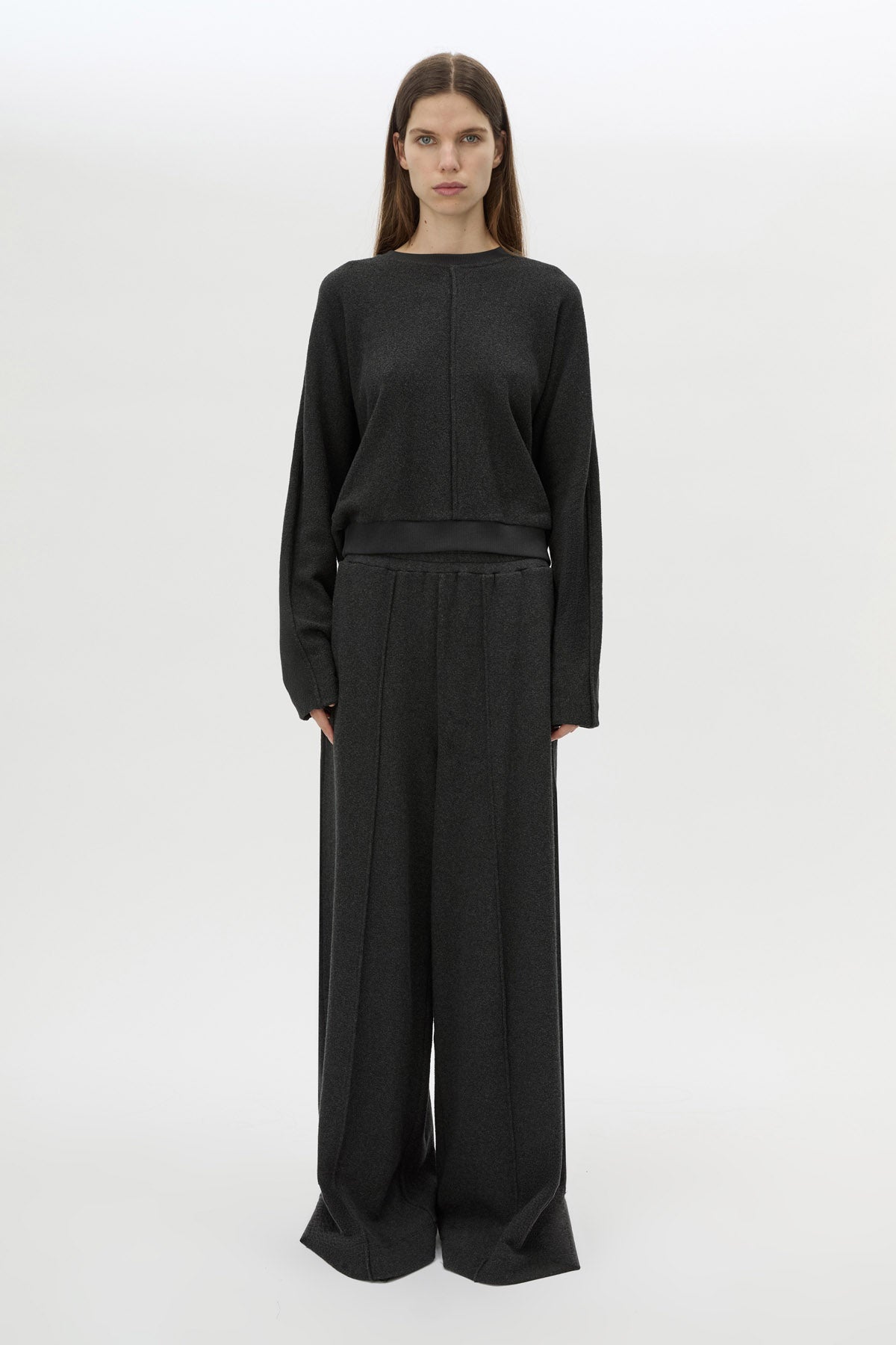 Front view CAMILLA AND MARC Pace Sweater in Charcoal Grey with crew neck and soft fleece finish.  