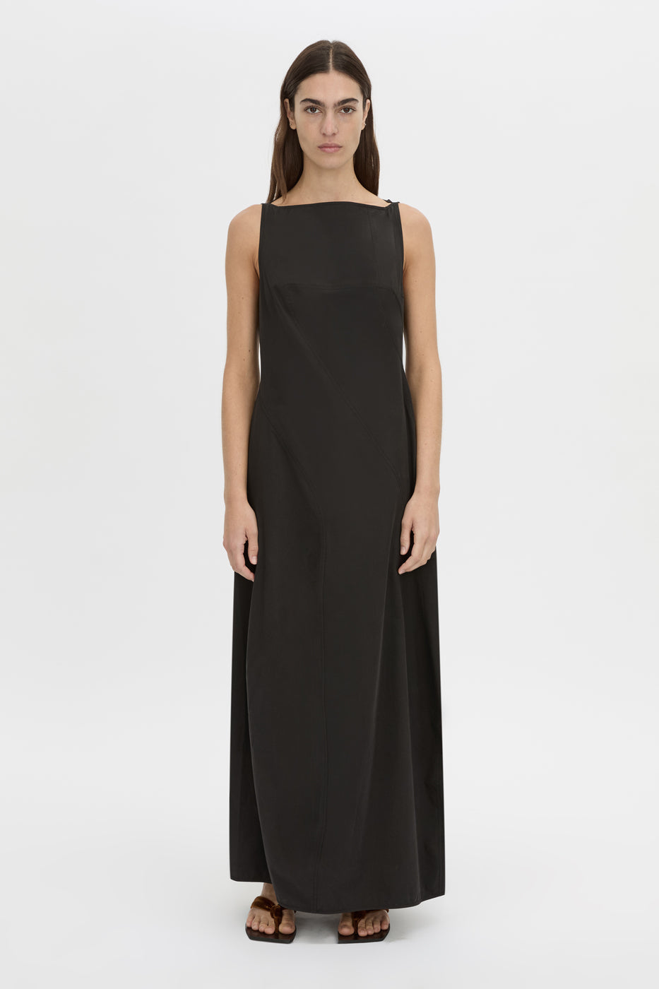 Front view CAMILLA AND MARC Paulena Maxi Dress in black with cocoon shaping and a straight neckline.