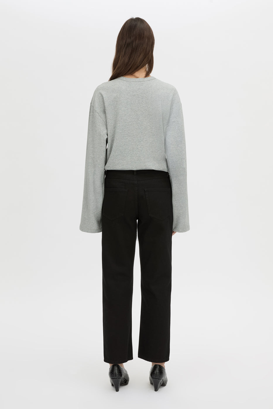 Back view CAMILLA AND MARC relaxed Peretti Long Sleeve Tee in grey marle with straddle-stitch seams.